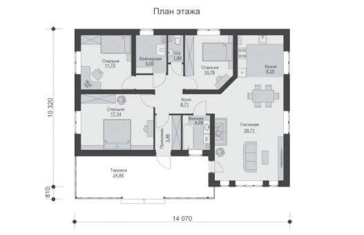 Одноэтажный дом с террасой, тремя спальнями и кухней-гостиной